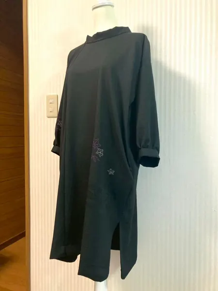 チャコールグレー前開きロングワンピース 大島紬リメイク